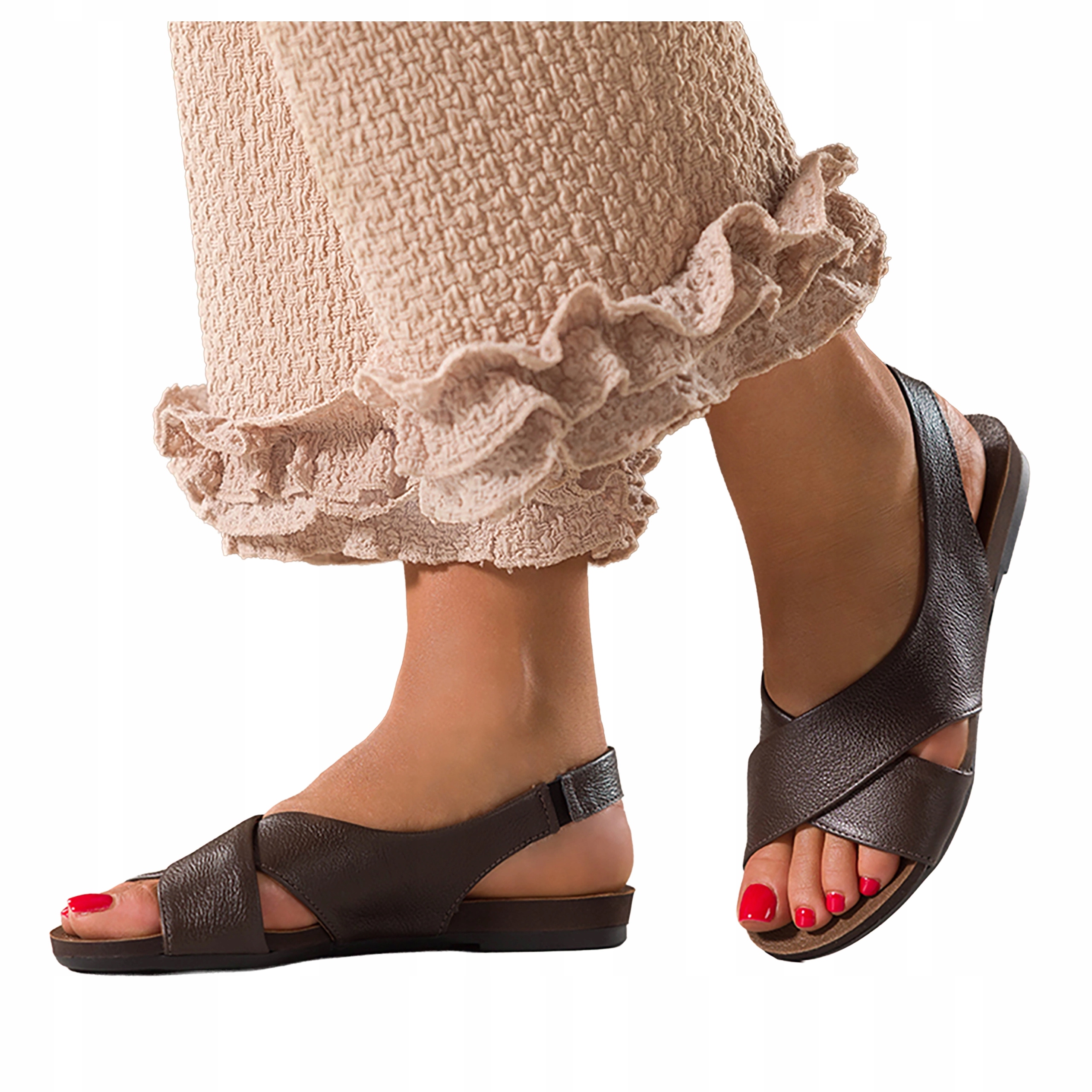 Čokoládové Sandály Dámské Kožené Pásky Na Kříž Ploché Pohodlné vel. 39