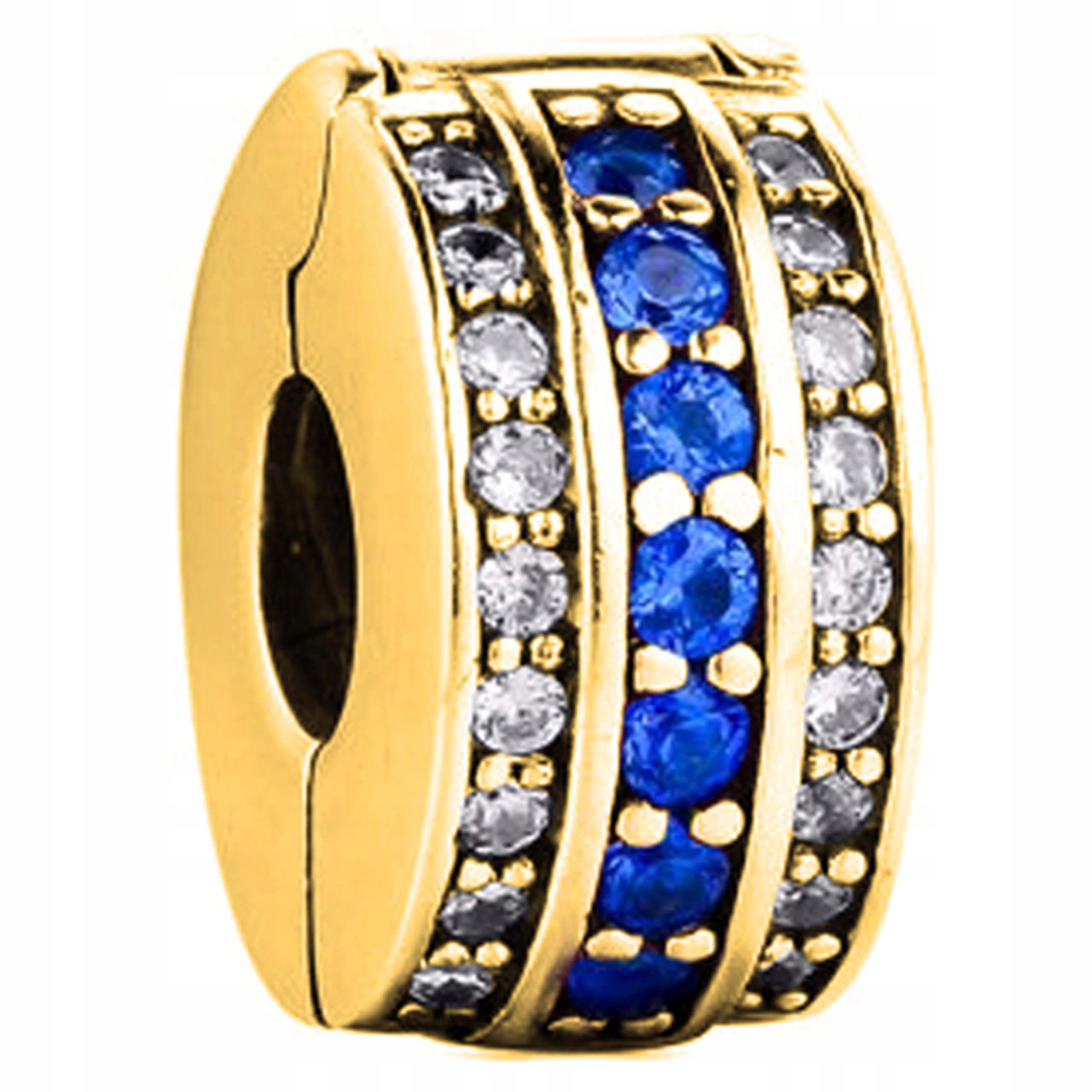 Zlatý Charms Křišťálový Stoper Klips Kolečko Modré Zirkony Stříbro 925