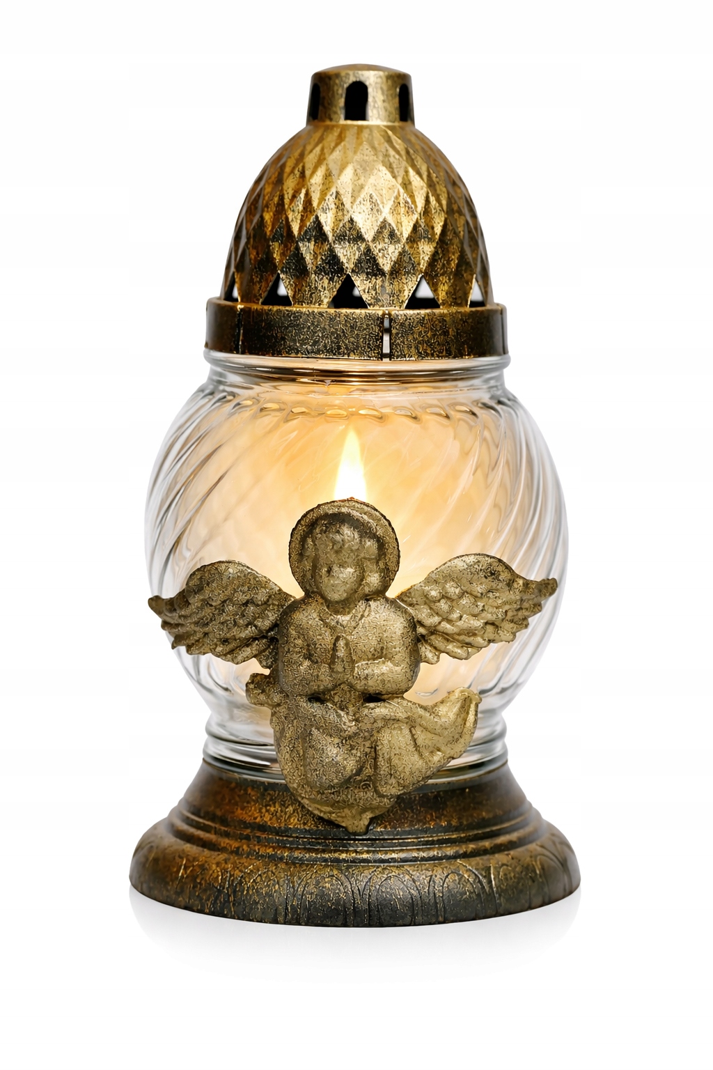 Znicz szklany LA21AN 22cm, wkład 40g, czas palenia 10h, aplikacja ANIOŁ