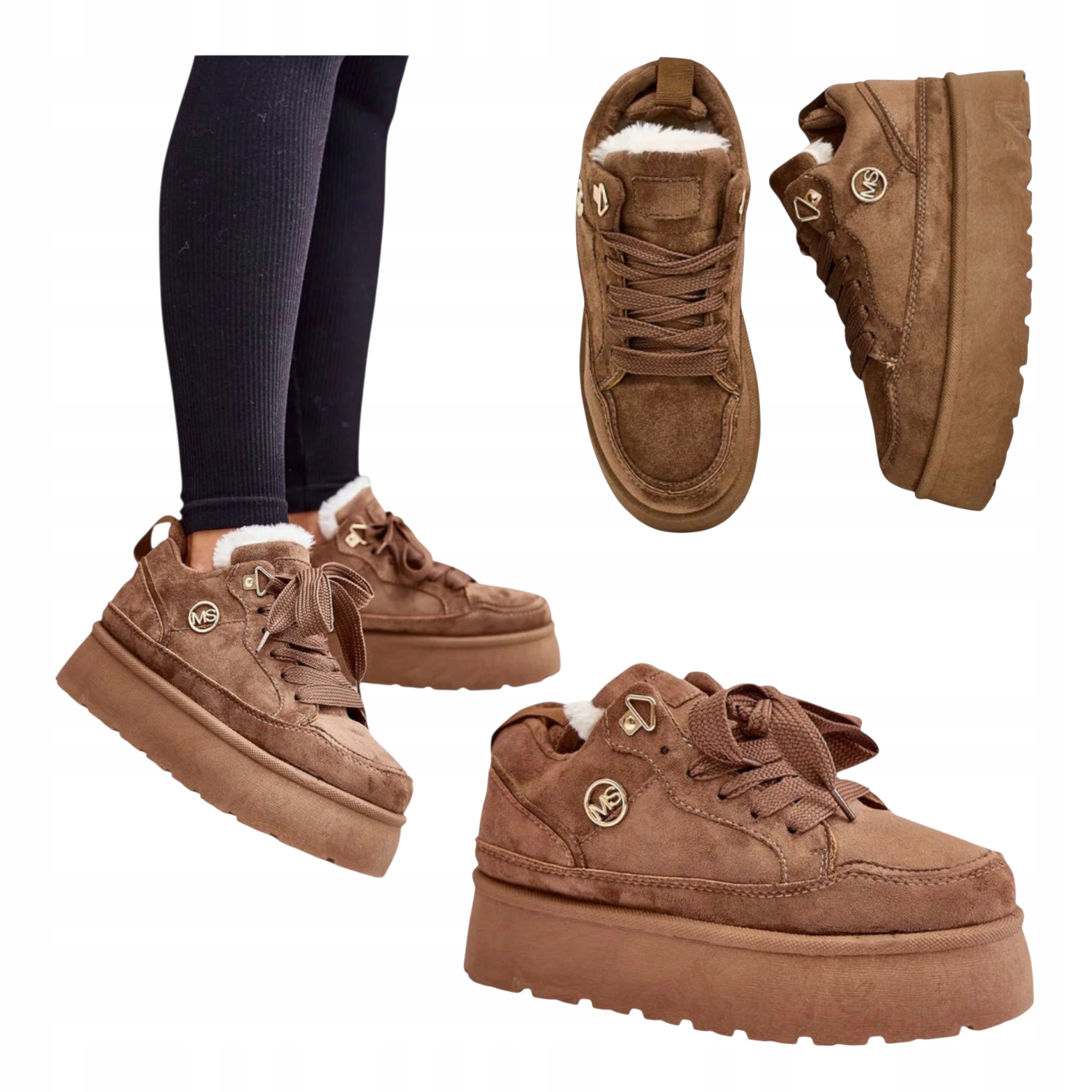 Kotníkové Boty Sportovní tenisky Zateplené na platformě Kožené Semiš Hnědé 38