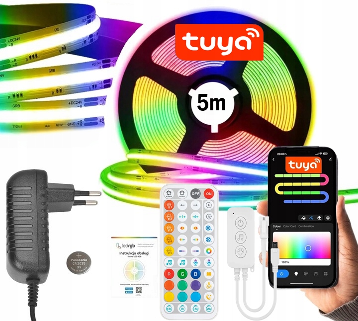 Led Páska 5 m (1x5) Cob Neon Rgbic 576/m Wifi Tuya Aplikace Dálkový Ovladač Set