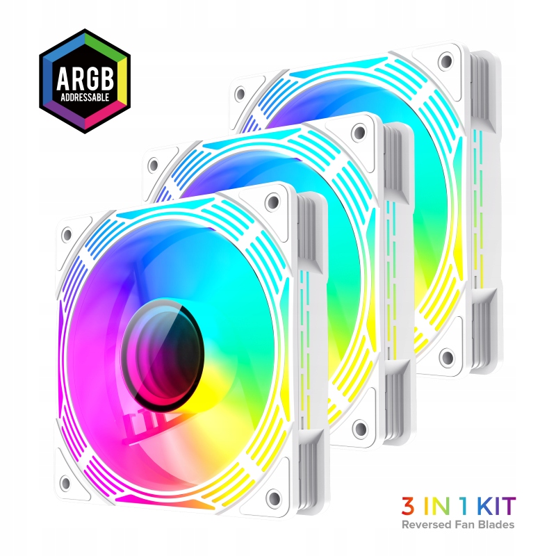 Wentylator Argb Reverse 120mm Biała ramka 3 w 1 Kit, GameMax KF300R Wh