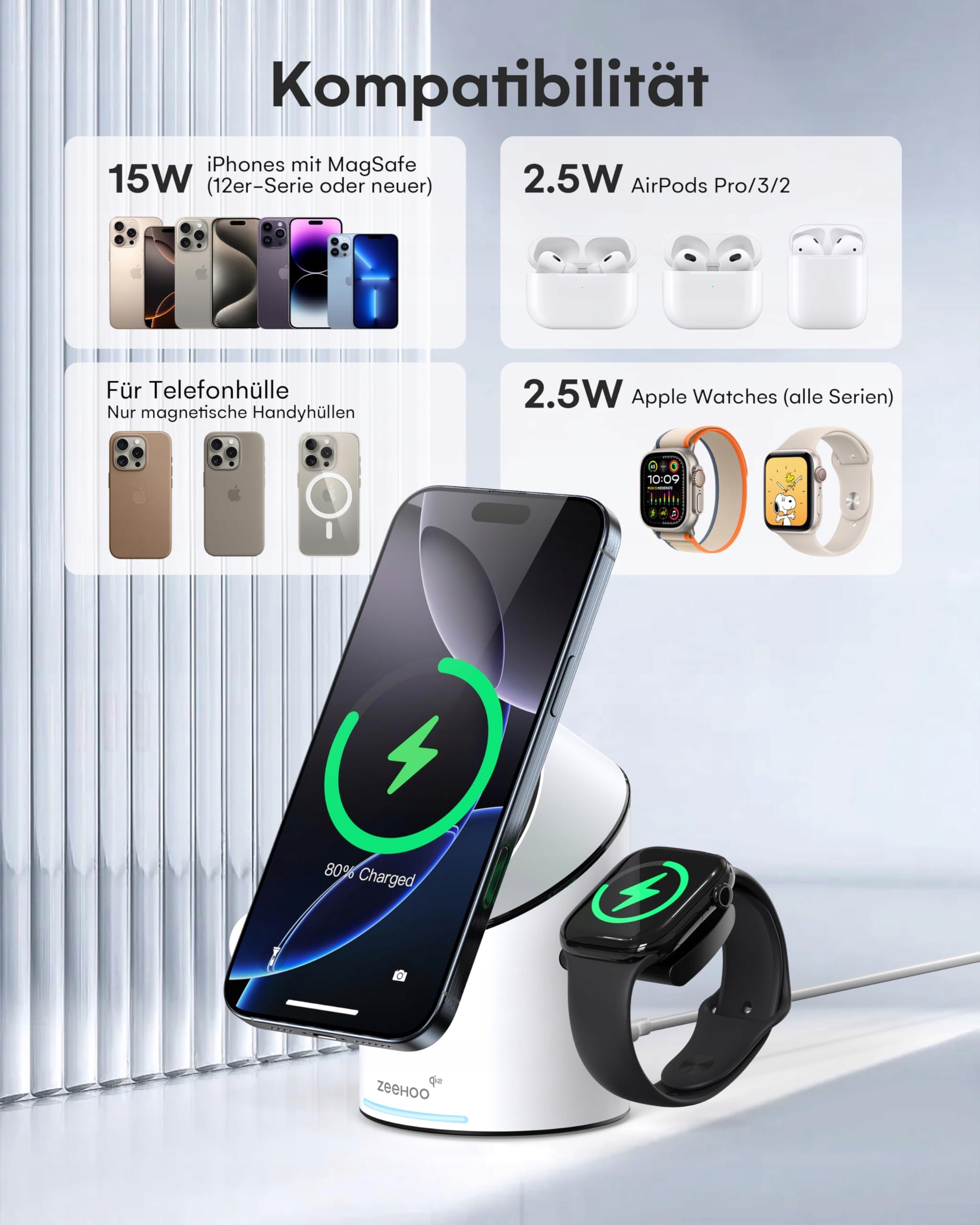ZEEHOO Stacja Ładowania 3w1 Dla Apple Magsafe iPhone AirPods 15W Qi — miniatura 6