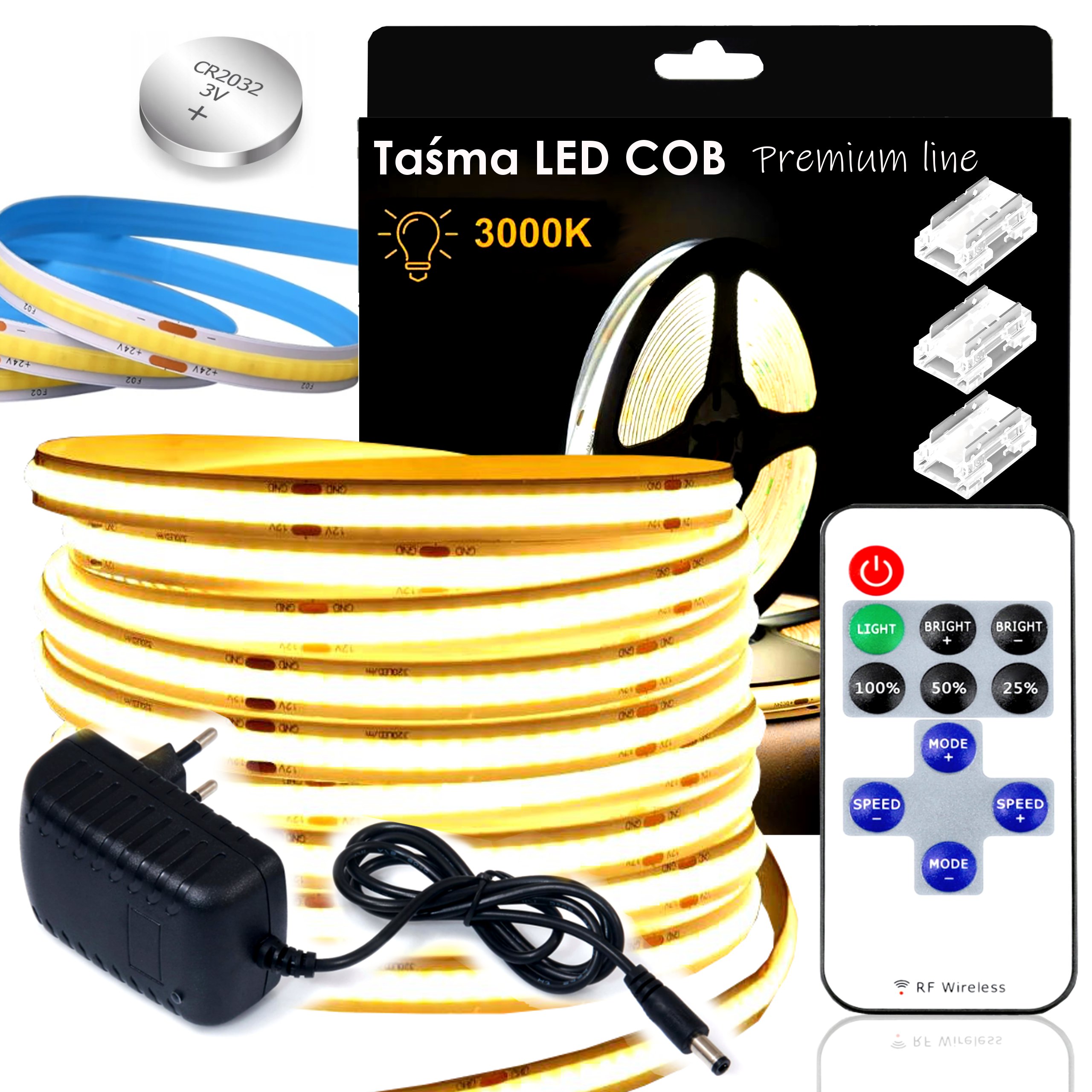 Set Led pásek Cob Neon 5m 3000K Bílý Teplý Kompletní sada Bonus