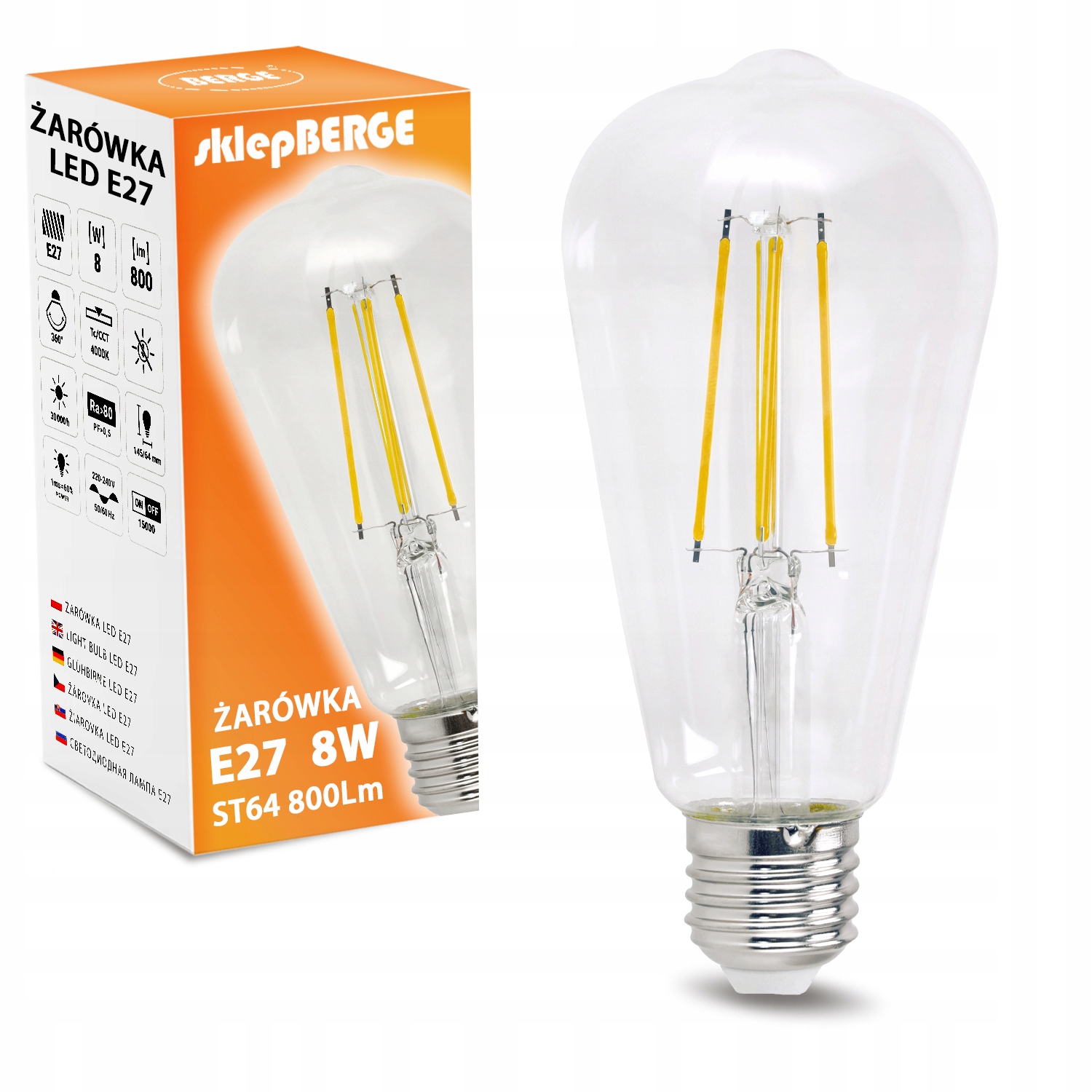 Żarówka LED E27 ST64 Ozdobna 8W=70W Neutralna