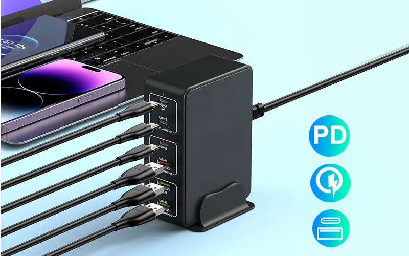 MULTIFUNKCYJNA Ładowarka SIECIOWA 120W STACJA ŁADUJĄCA 6 URZĄDZEŃ NA RAZ Złącza USB 3.1 typ C USB