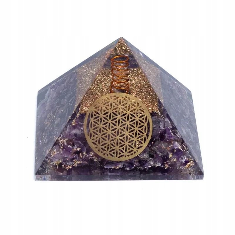Orgonit Piramida z Ametystu symbol Flower of Life Odpromiennik 7x7x6 cm
