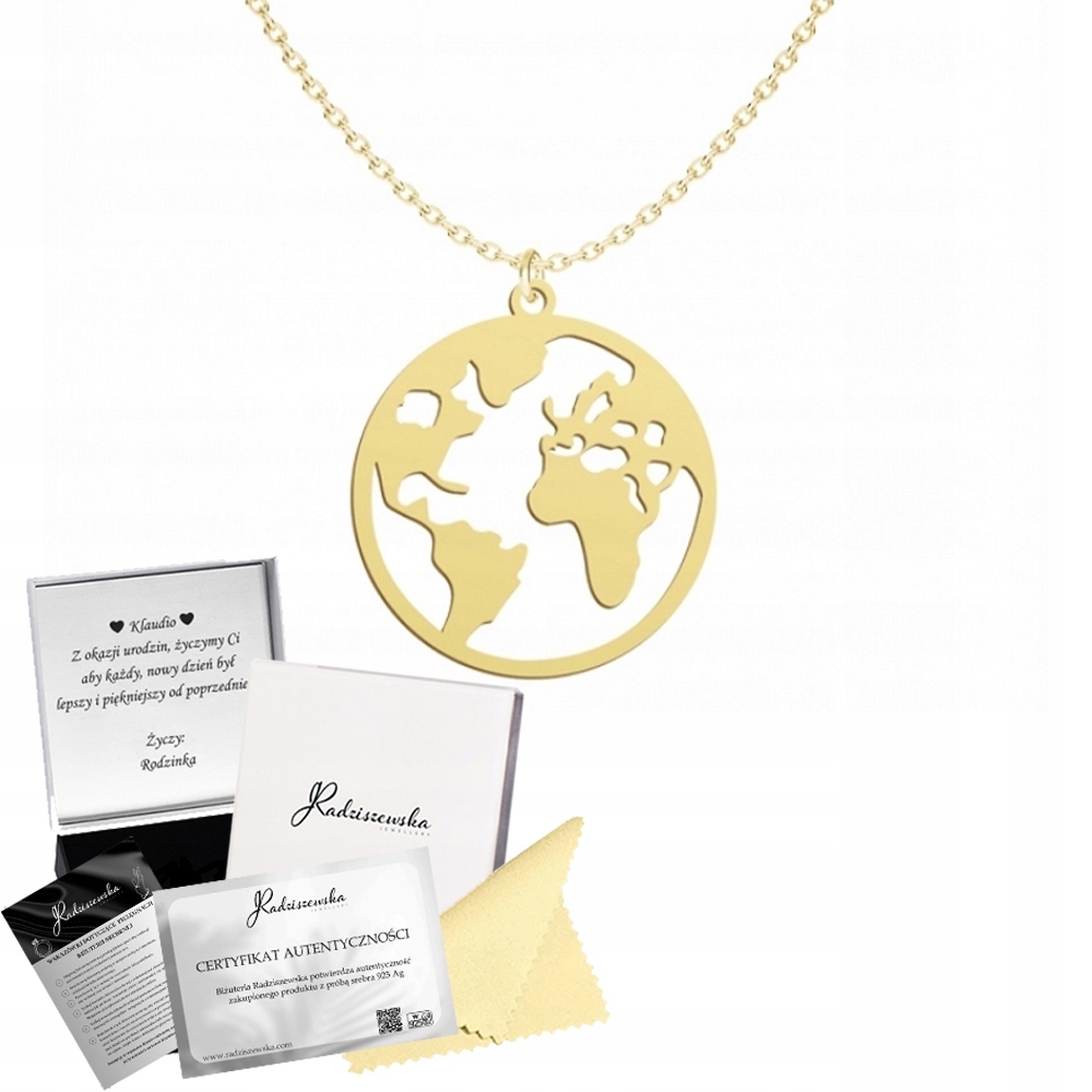 Zlatý náhrdelník Zeměkoule Planeta Svět Stříbro 925 Narozeniny Dedikace