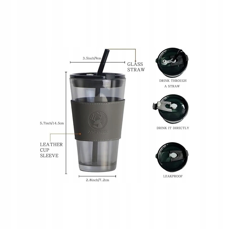 SZKLANY KUBEK Bidon Szklanka Na Napoje Herbatę Szklana Słomka Rurka 450 ML Pojemność 480 ml