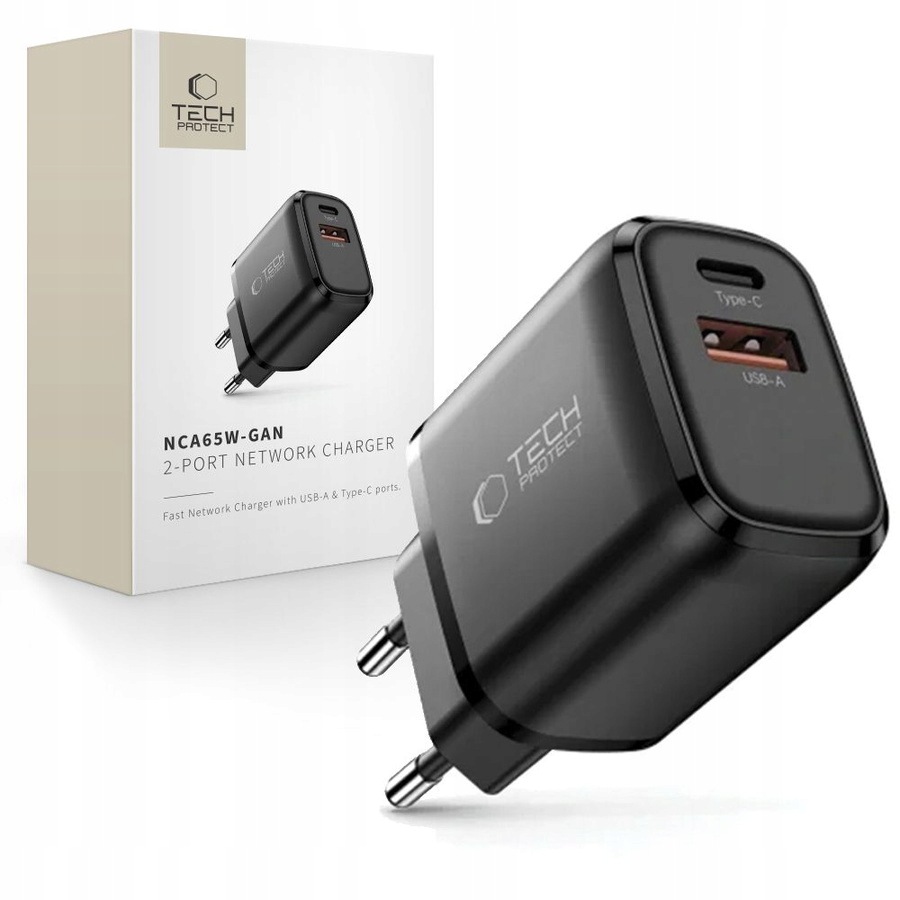 Tech-protect NCA65W-GAN 2-PORT Network Charger Pd 65W QC3.0 Black