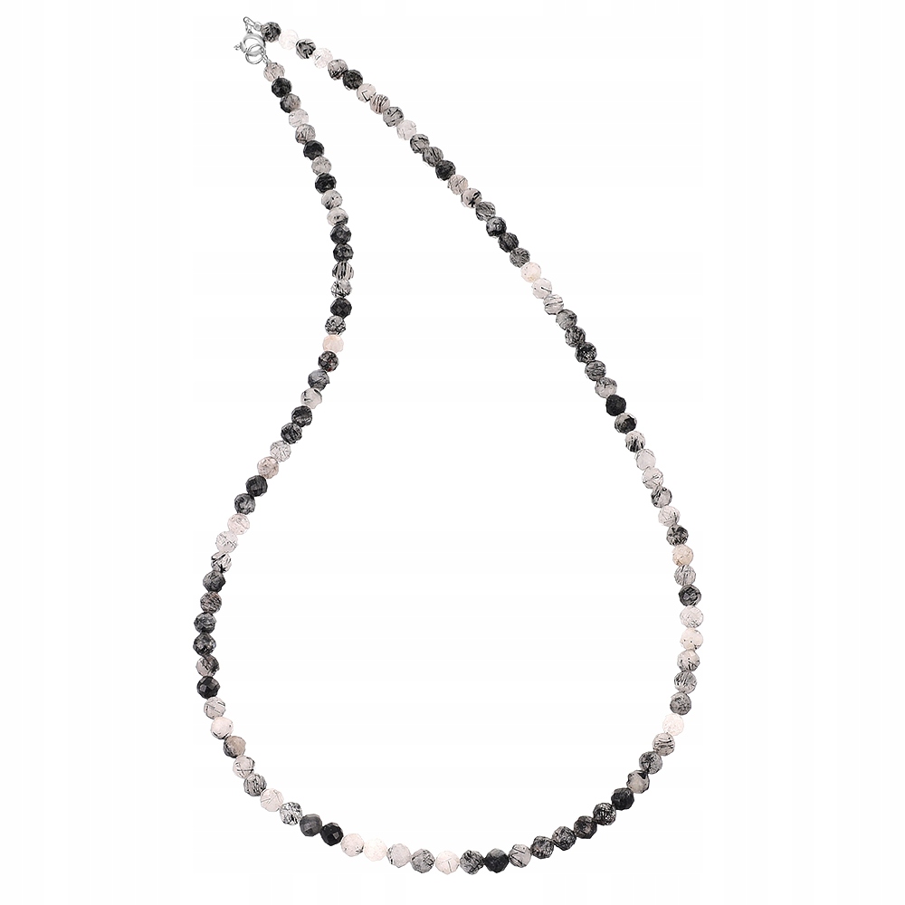 Přírodní náhrdelník Kwarc s černým Turmalínem, fazetované kuličky 4 mm stříbro