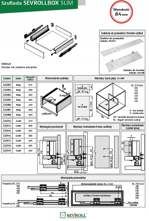 Szuflada SEVROLLBOX SLIM h= 84mm biały-500mm Głębokość mebla 50 cm