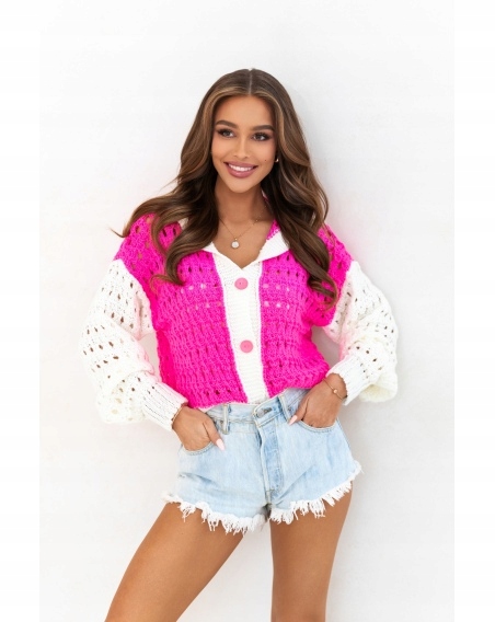 Ažurový svetr s kapucí Nová Kolekce Jaro 2026 Rozepínací růžovo-bílý