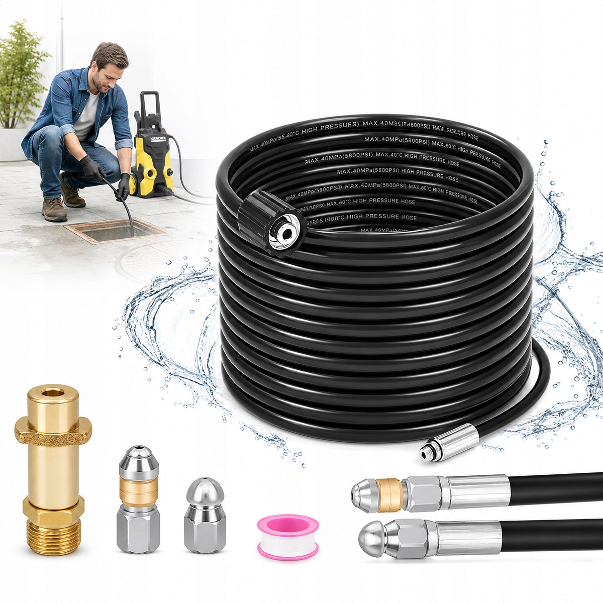 Wąż przewód 10m dysza 3 czyszczenia kanalizacji do myjki Karcher K2-K7