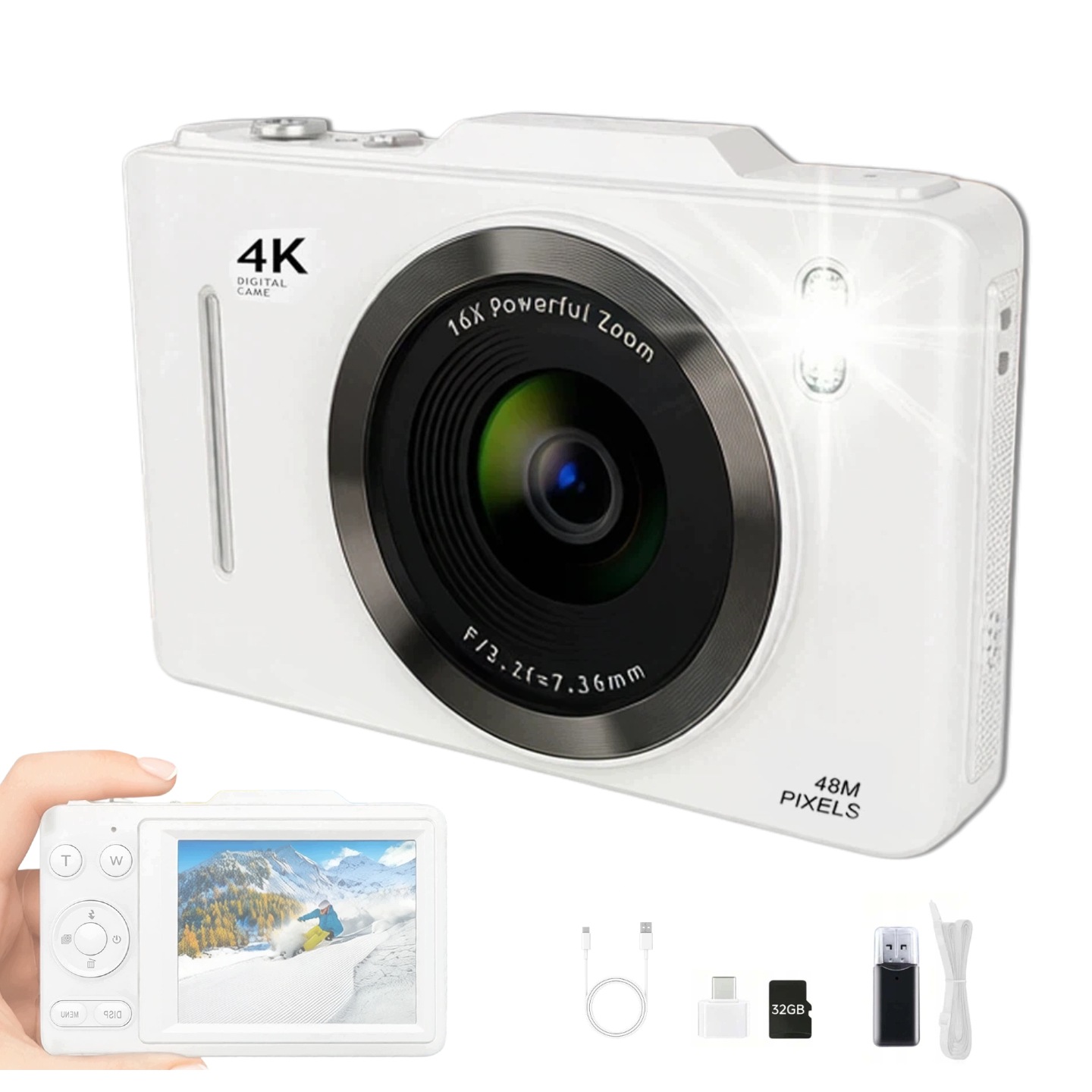 Digitální Fotoaparát 4K 48 Mp Režim Makrozomu 16-NÁSOBNÝ, Lehký, Kompaktní S Kartou