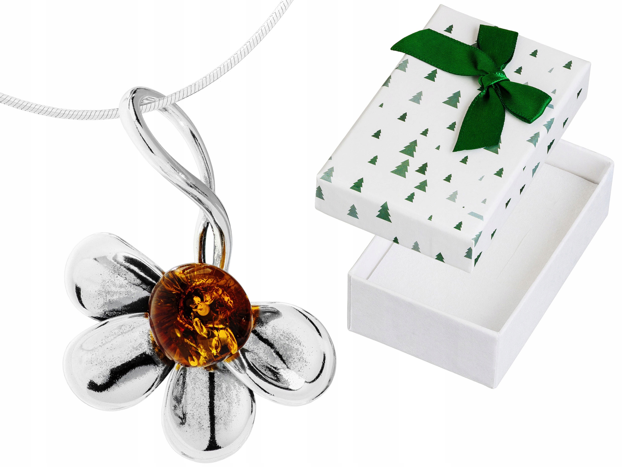 Velký Stříbrný Oxidovaný Dámský Náhrdelník Květina s Jantarem Stříbro Dlouhý 90