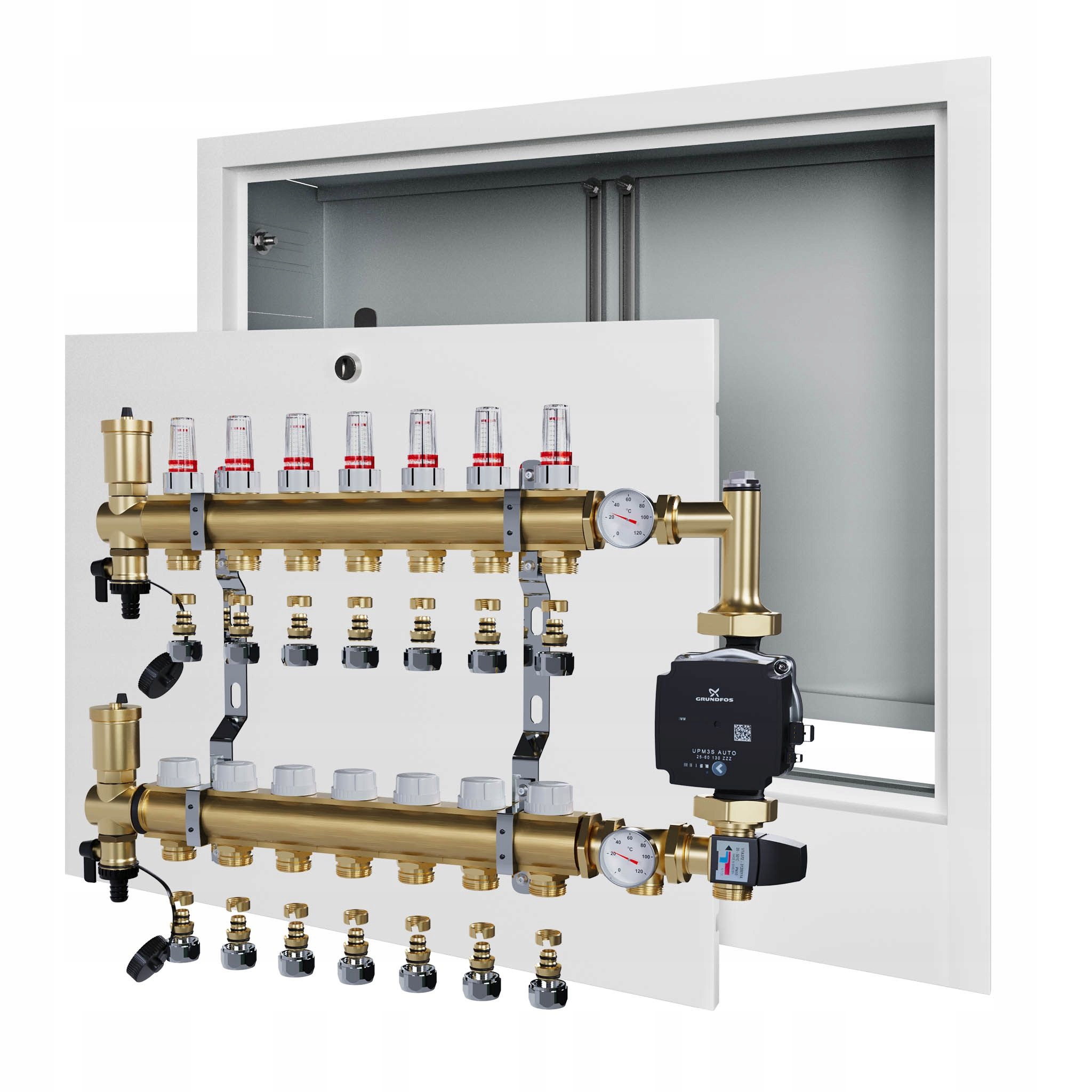Rozdělovač pro podlahu 7 s čerpadlem Grundfos a podomítkovou schránkou Pex