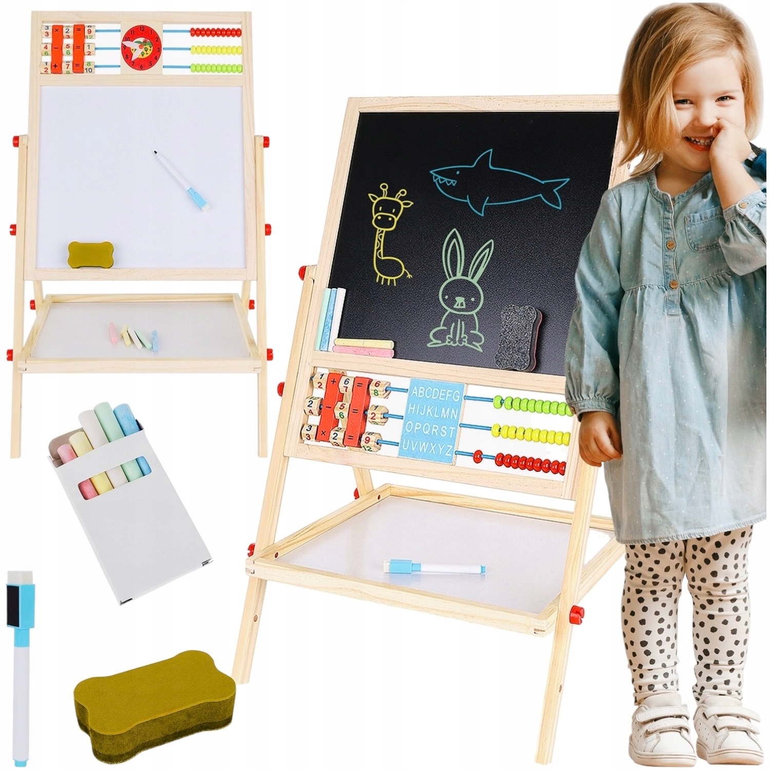 TABLICA MAGNETYCZNA KREDOWA DWUSTRONNA DREWNIANA LICZYDŁO KREDA GĄBKA 6w1