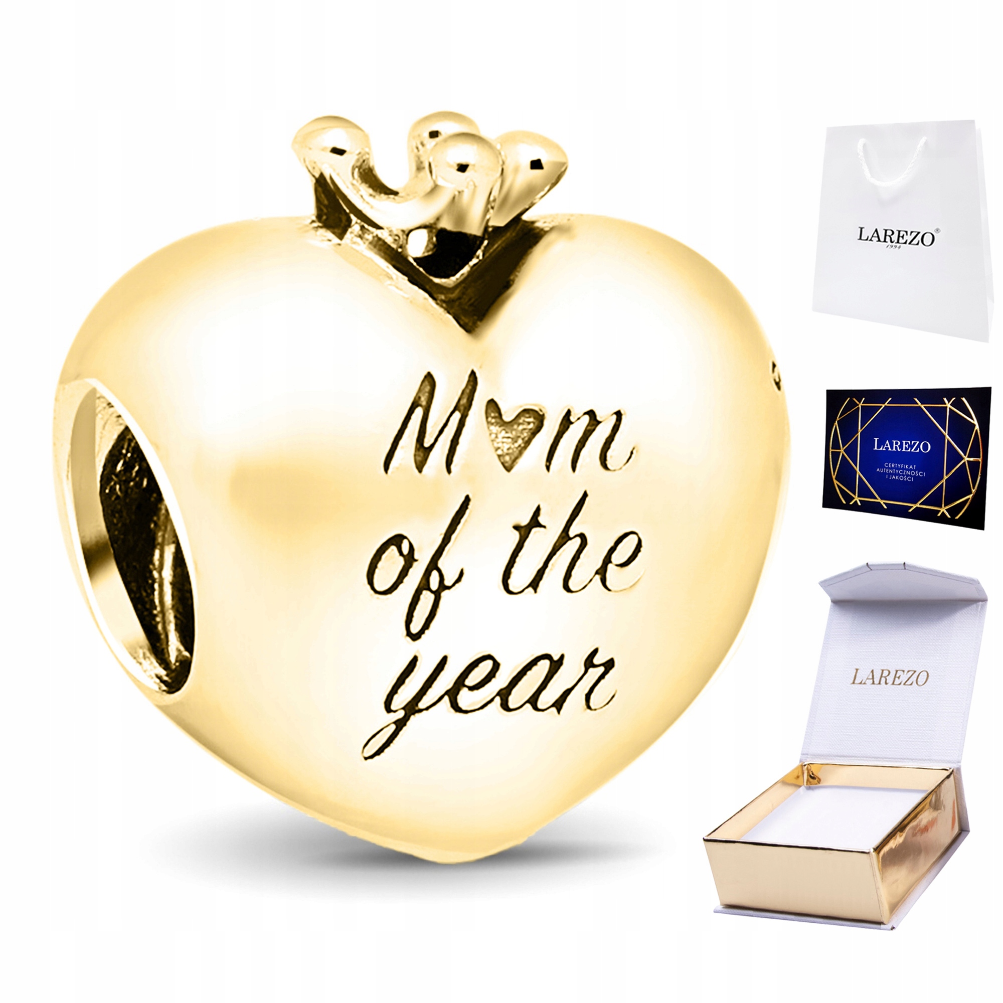 Charms Zlaté srdce Maminka roku Mom Year Srdíčko Mother Love Stříbro 925