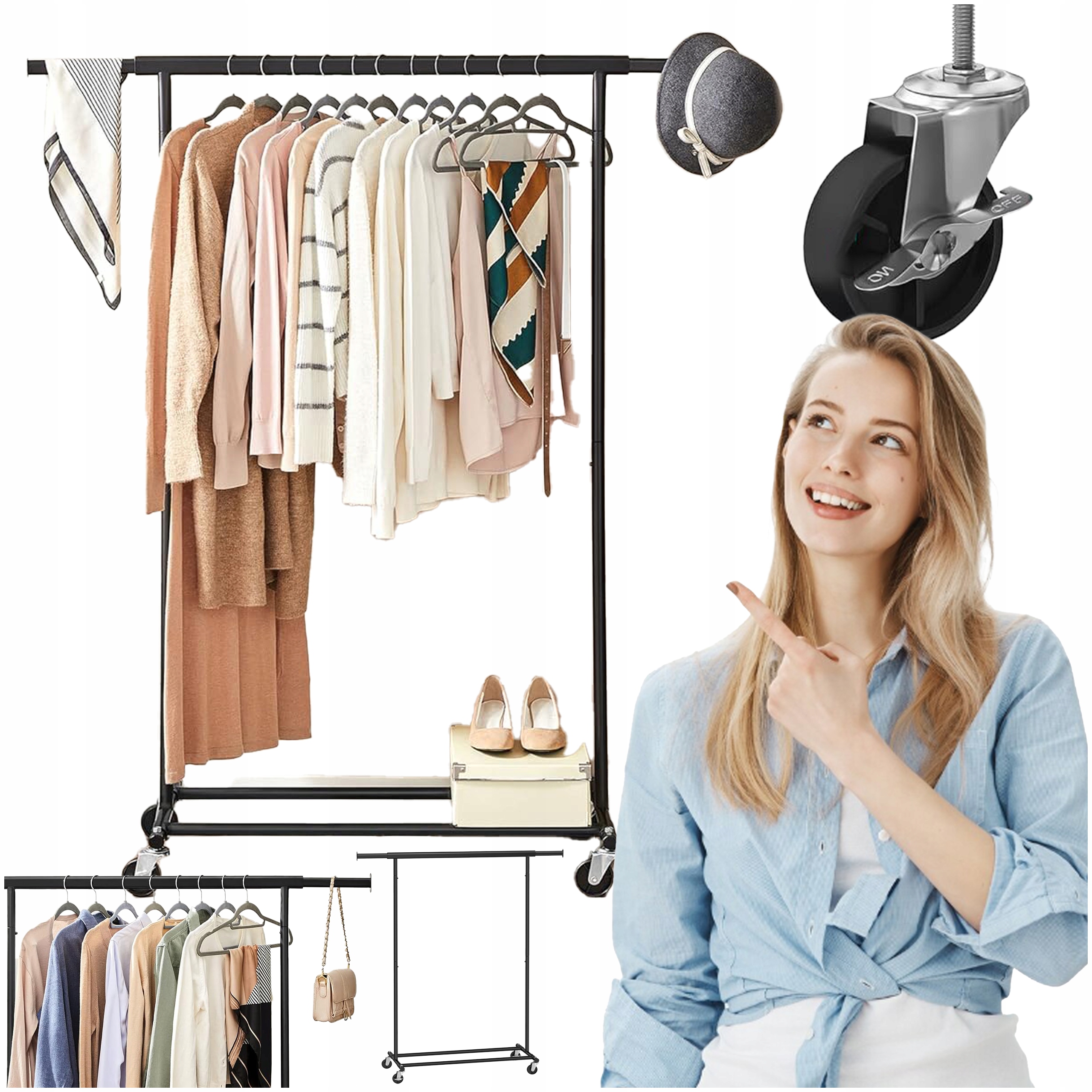 Stojací vešiak na oblečenie nastaviteľný na kolieskach Tyč na vešiaky Silná