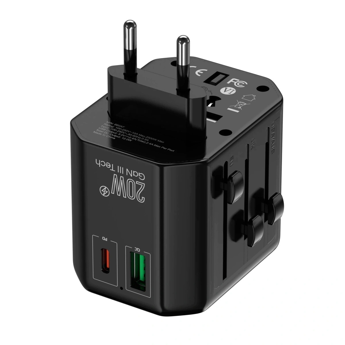 Kel W-00530 Czarny Uniwersalny Adapter Sieciowy Us Eu Aus Uk PD20W Usb-c