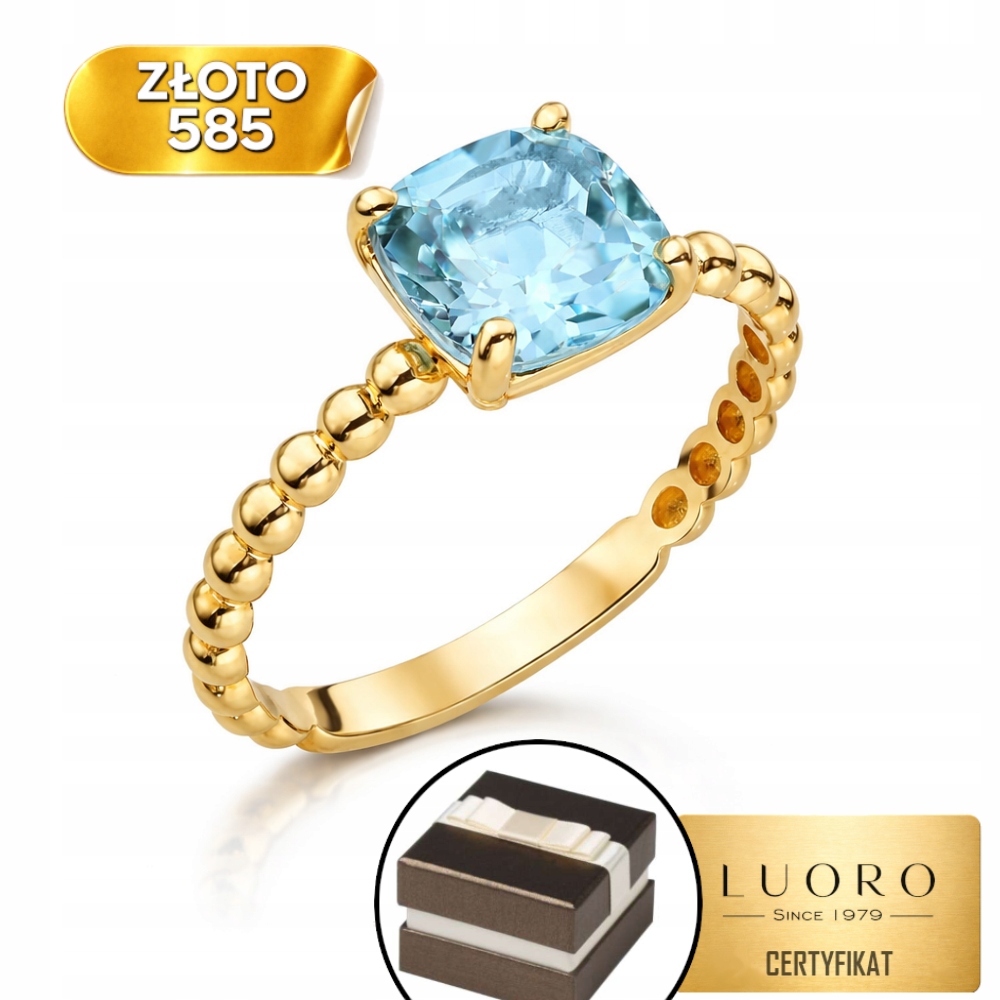 Prstýnek 585 14K Přírodní Modrý Topaz Čtverec 8 MM R10