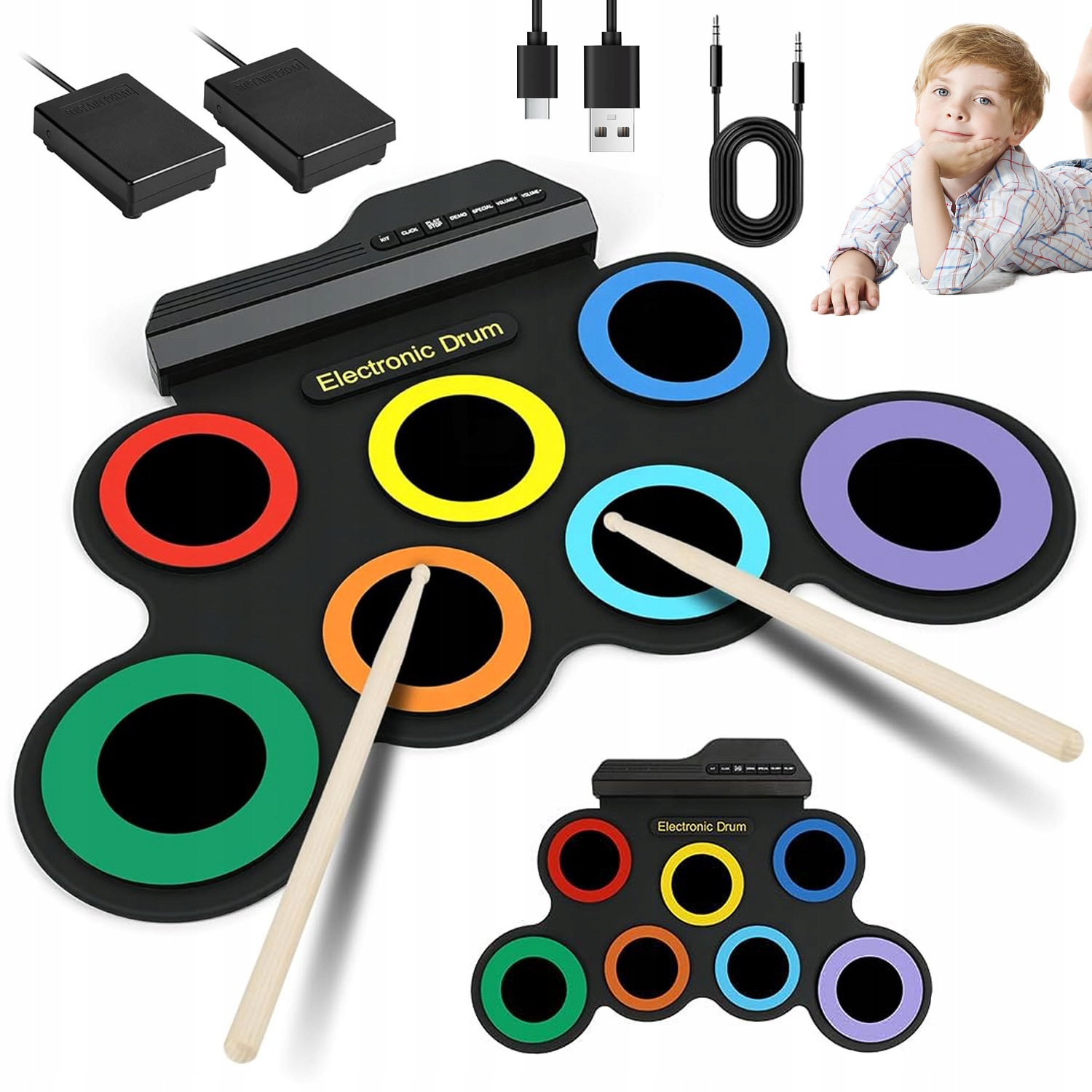 Elektronická Bicí Souprava 7 Padů 2 Usb Pedály Tyčinky Pro Děti