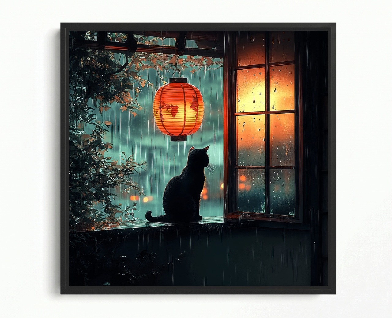 Obraz Rám American Box Večer Noc Dážď Lampáš Čierny Mačka 60x60