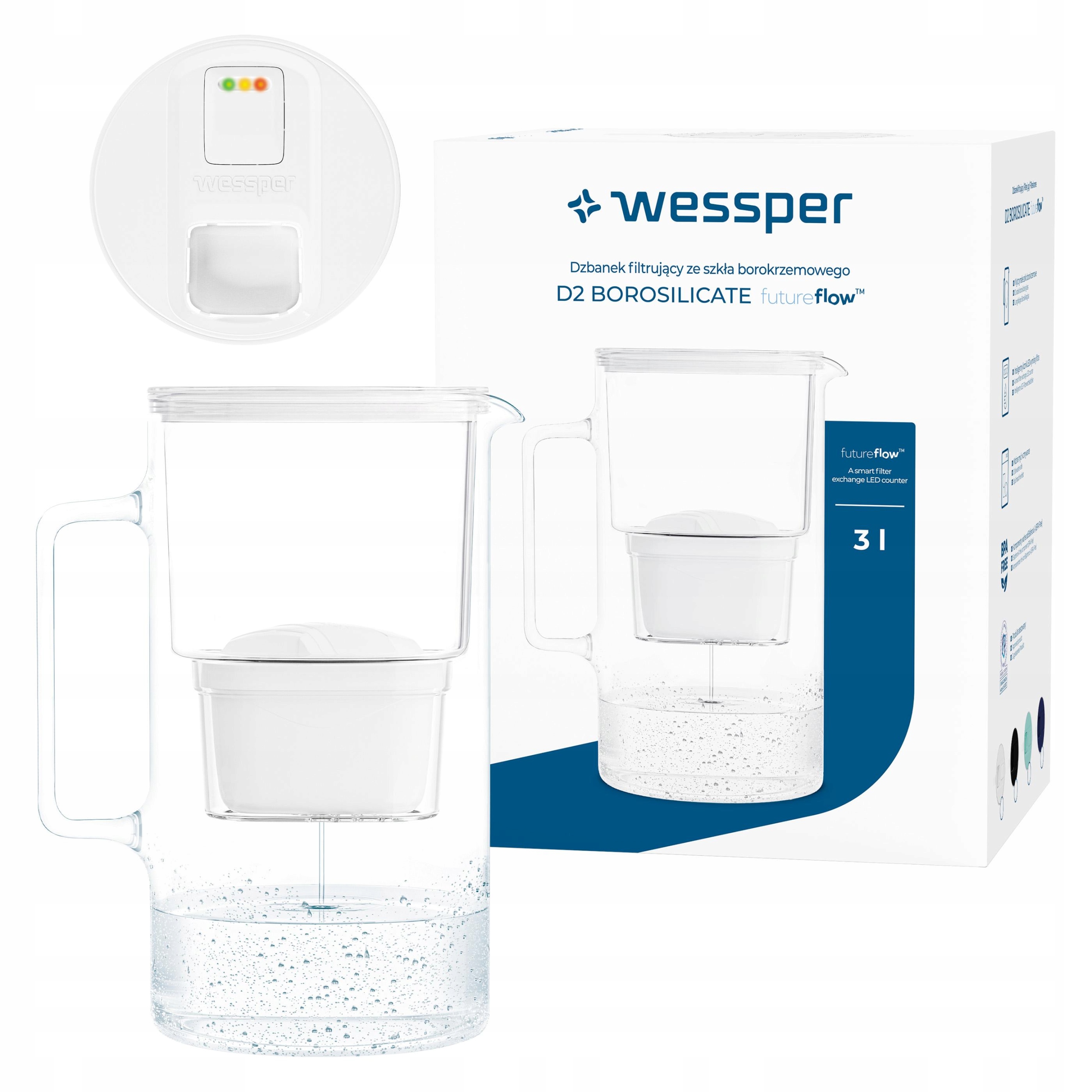 Dzbanek filtrujący szklany Wessper D2 Borosilicate licznik Led futureflow