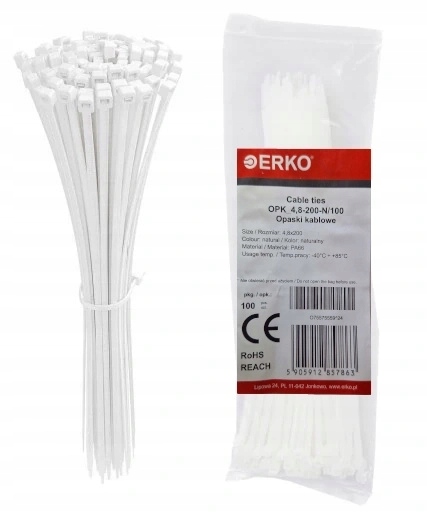 Opaski Kablowe Zaciskowe Białe Trytki Trytytki 4,8x200 Erko 100 Sztuk