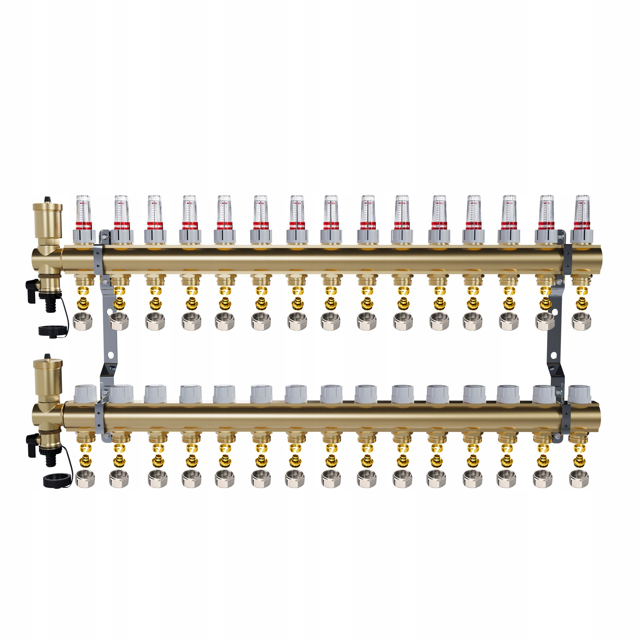 Rozdělovač pro podlahové vytápění mosazný 15 okruhů pro podlahové vytápění Pex
