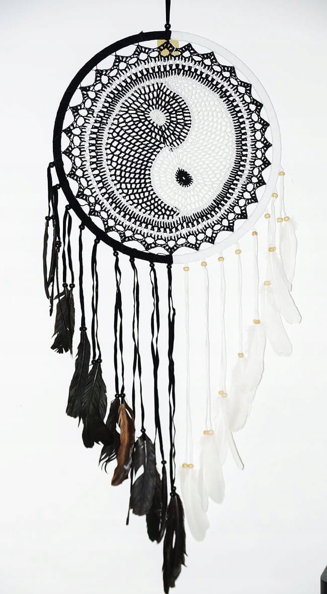 Lapač Snů Yin Yang Boho Ruční práce Harmonie Rovnováha Černobílá 52 cm