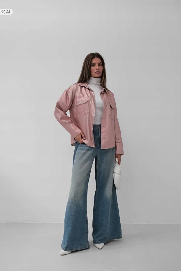 Růžová Lesklá Košilová Oversize Bunda 5IA