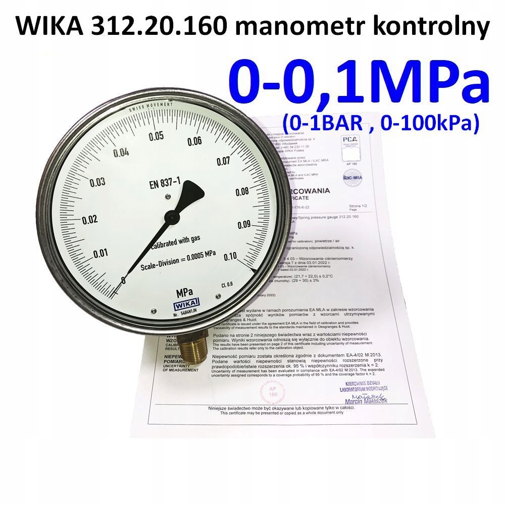 0-0,1MPa (0-1atm.) Manometr wzorcowy 160mm kl.0,6 M20x1,5 Wika 312.20 +pca