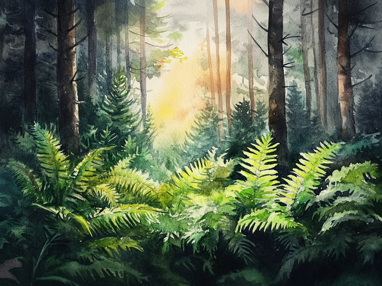Obraz Na Plátně Canvas Akvarel Krajina Les Stromy Kapradí Vegetace 100x75