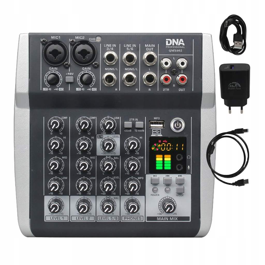 Analogowy Mikser Dźwięku 6 Kanałów Bluetooth Usb MP3 Phantom +48 Dna QMX602