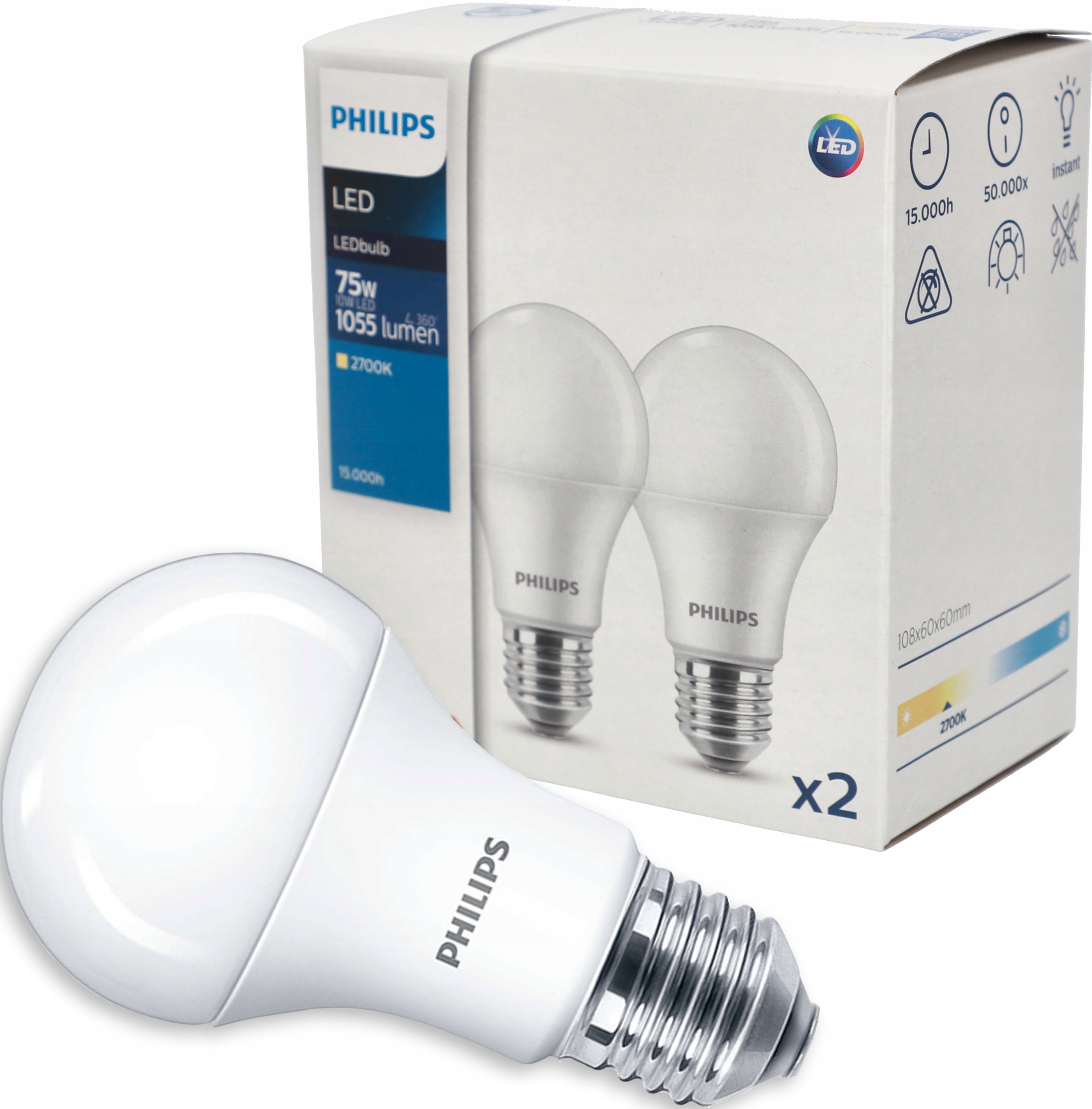 

2x Żarówka Led E27 A60 10W 2700K 1055lm Philips
