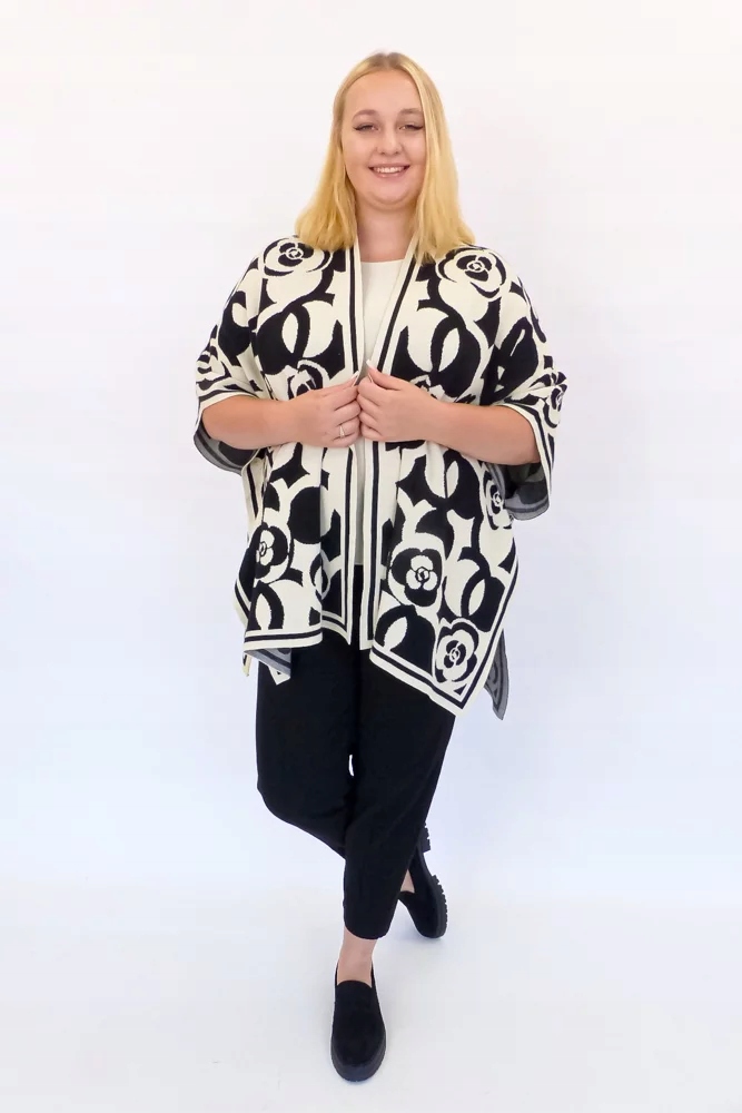 Černo-béžové elegantní dámské pončo s růží Uni