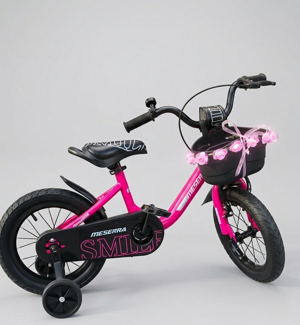 Różowy Dziecięcy Rowerek 14"Z Kółkami Bocznymi +koszyk+dzwonek+różyczki Led