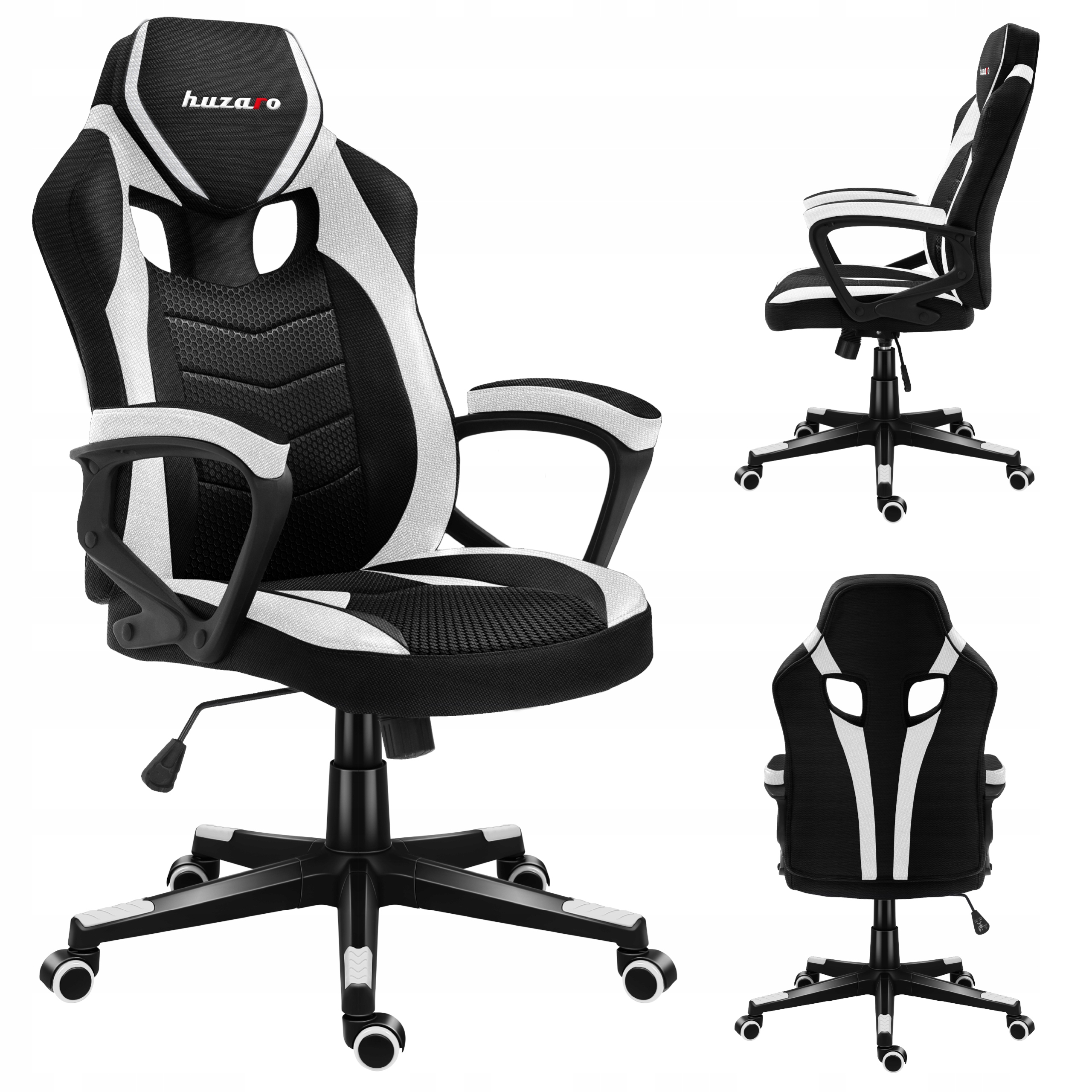 Fotel gamingowy kubełkowy Huzaro czarno biały obrotowy regulowany do biurka