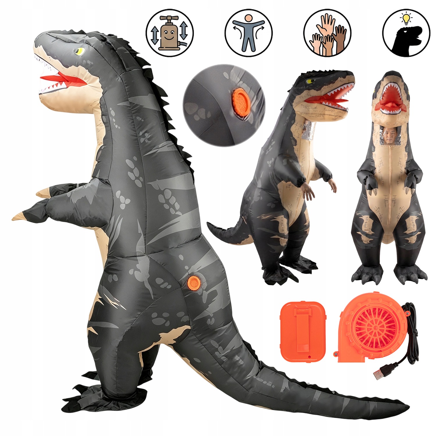 Kostým Dinosaurus T-rex Nafukovací Karnevalový Kostým Dospělý Převlek 190 CM