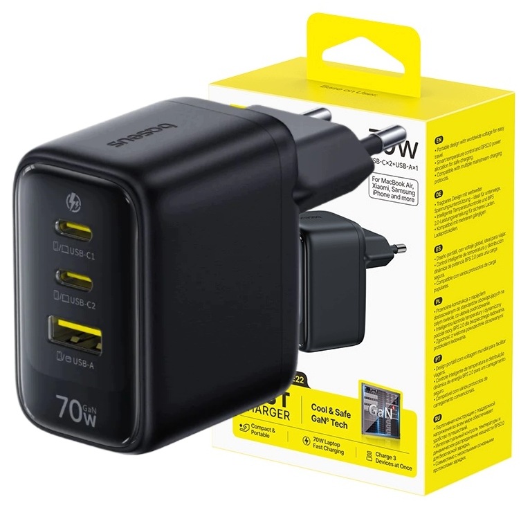 Baseus Síťová Nabíječka Gan 70W 2X Usb-c Usb-a Pd-c Pro Notebook A Telefon