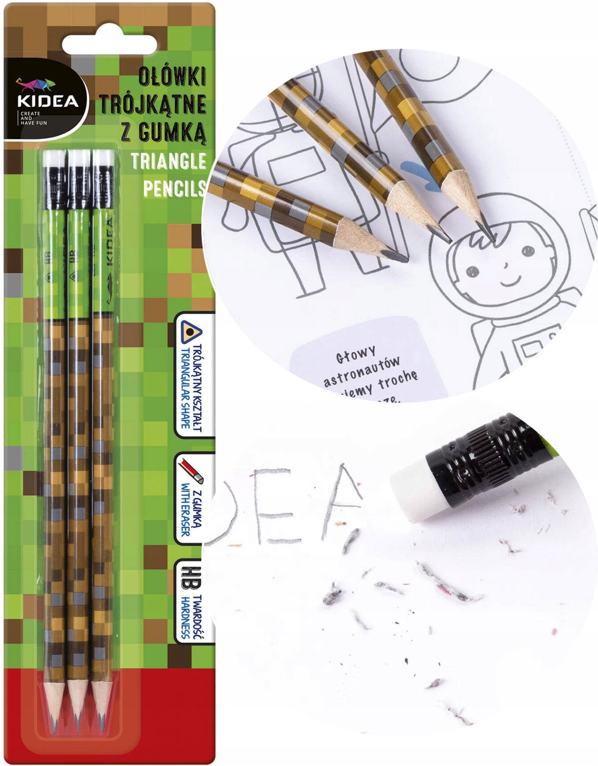Ołówki Trójkątne Z Gumką HB Minecraft Pixel Game 3 Szt. Kidea