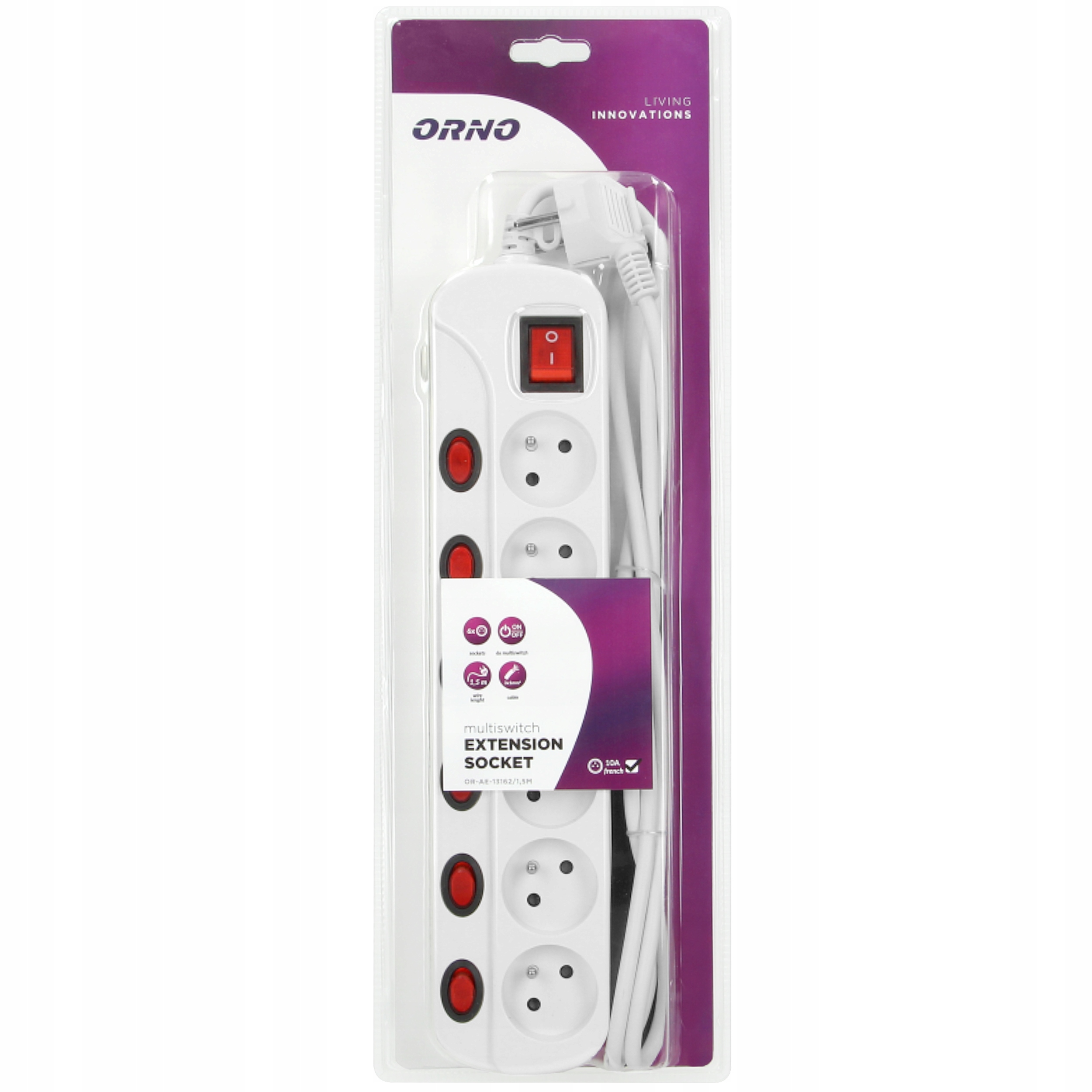 PRZEDŁUŻACZ 6 GNIAZD Z WYŁĄCZNIKAMI LISTWA ZASILAJĄCA WYŁ. PRZECIĄŻENIOWY Kolor biały