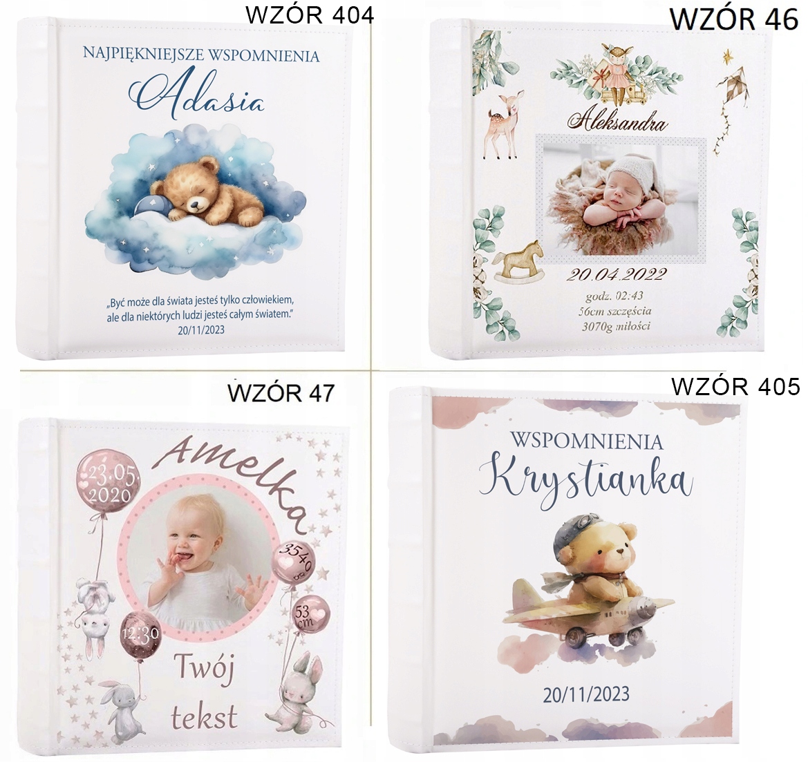 DUŻY ALBUM 500 ZDJĘĆ Z NADRUKIEM METRYCZKA DZIECKA Format zdjęć 10x15