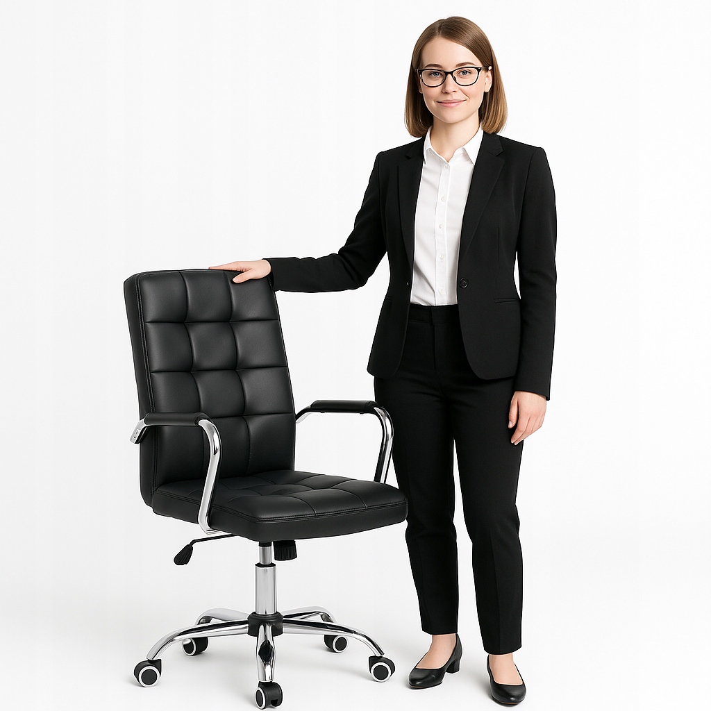 Fotel Biurowy Skórzany Czarny Ergonomiczny Krzesło Obrotowe 360