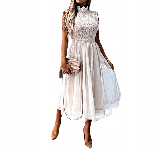 MD ecru krajková tylová dámská šaty maxi L