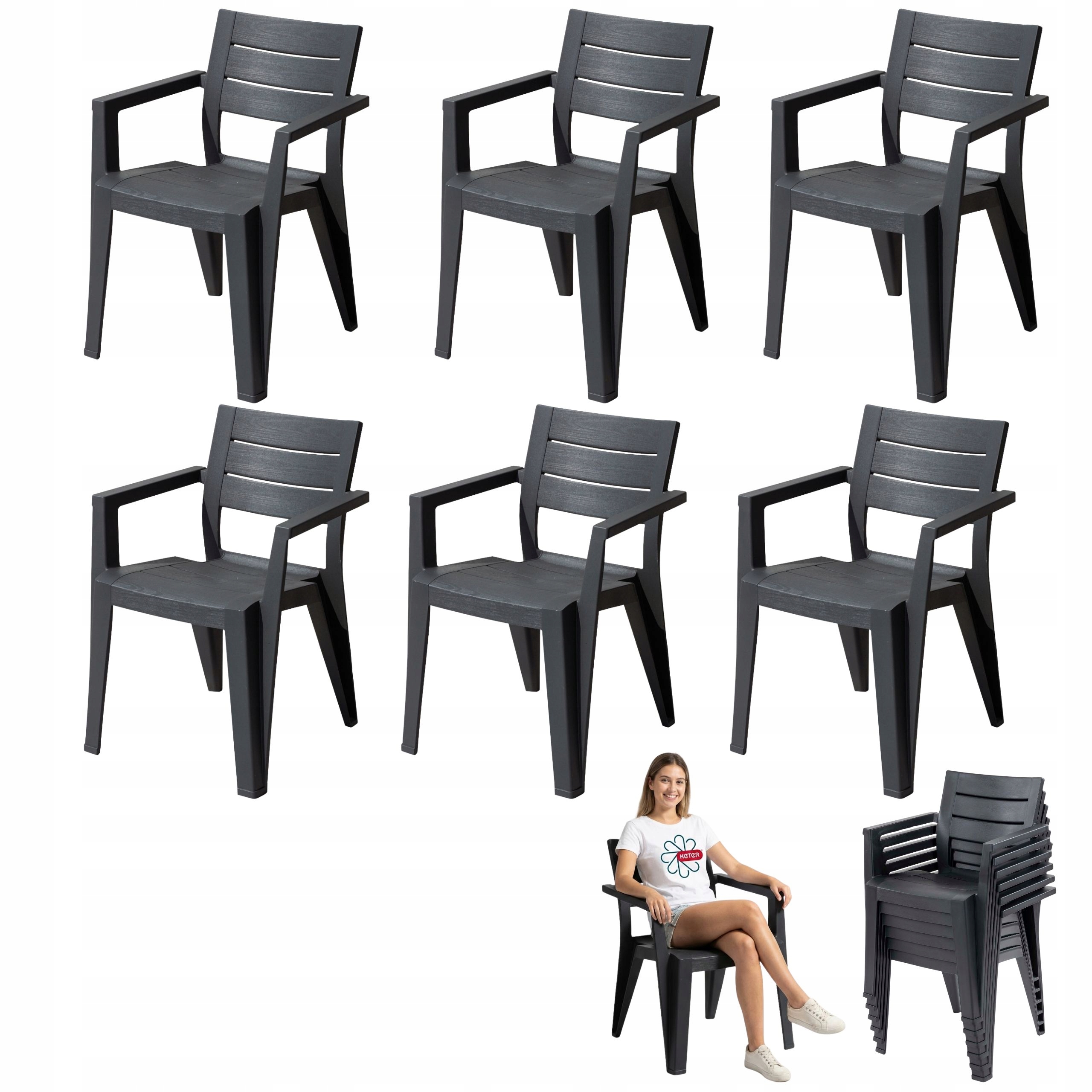 6x Krzesło ogrodowe z oparciem Keter Julie Grafitowe z Tworzywa na Taras