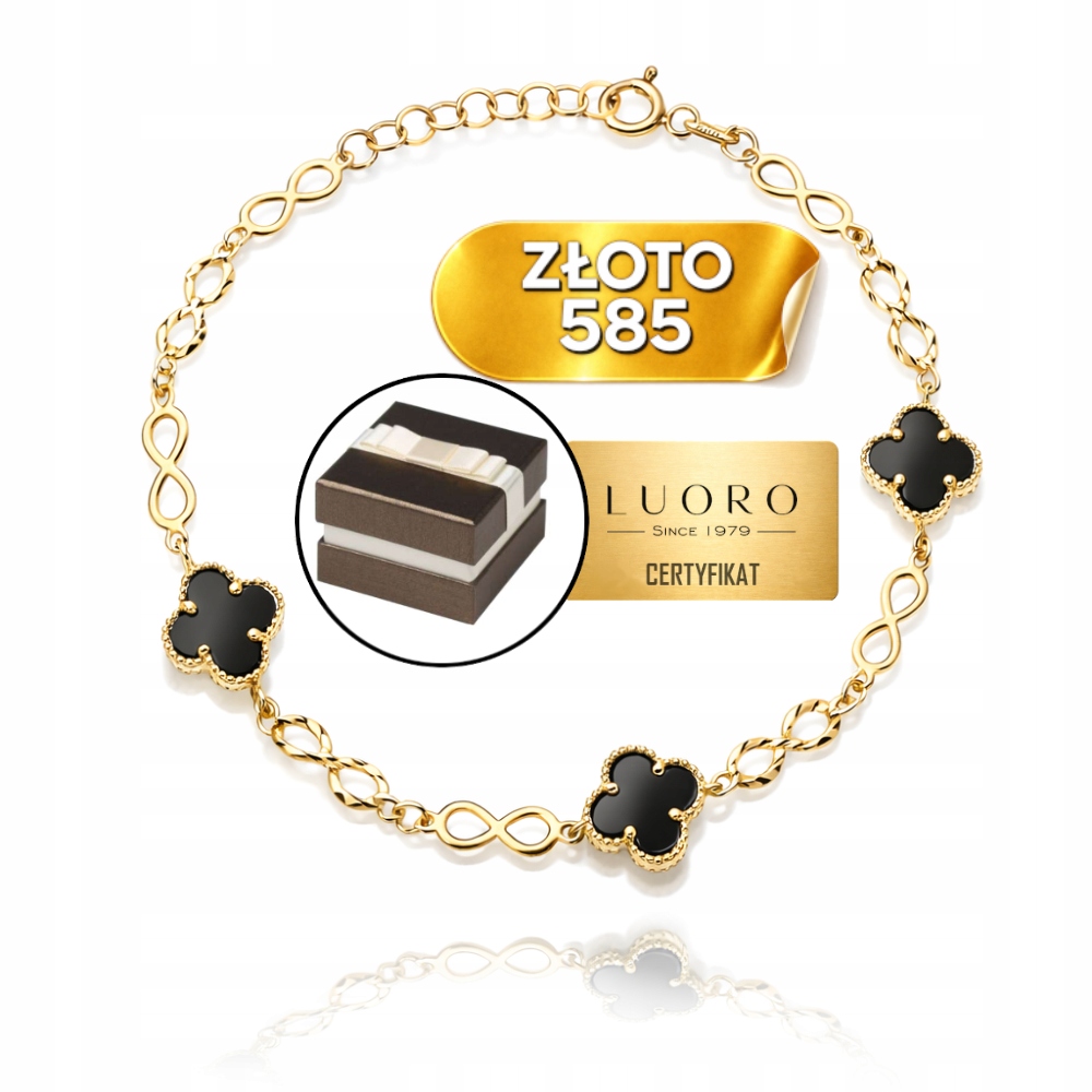 Náramek Zlatý 585 14K Znaky Nekonečna Černé Jetele 16 CM Reg