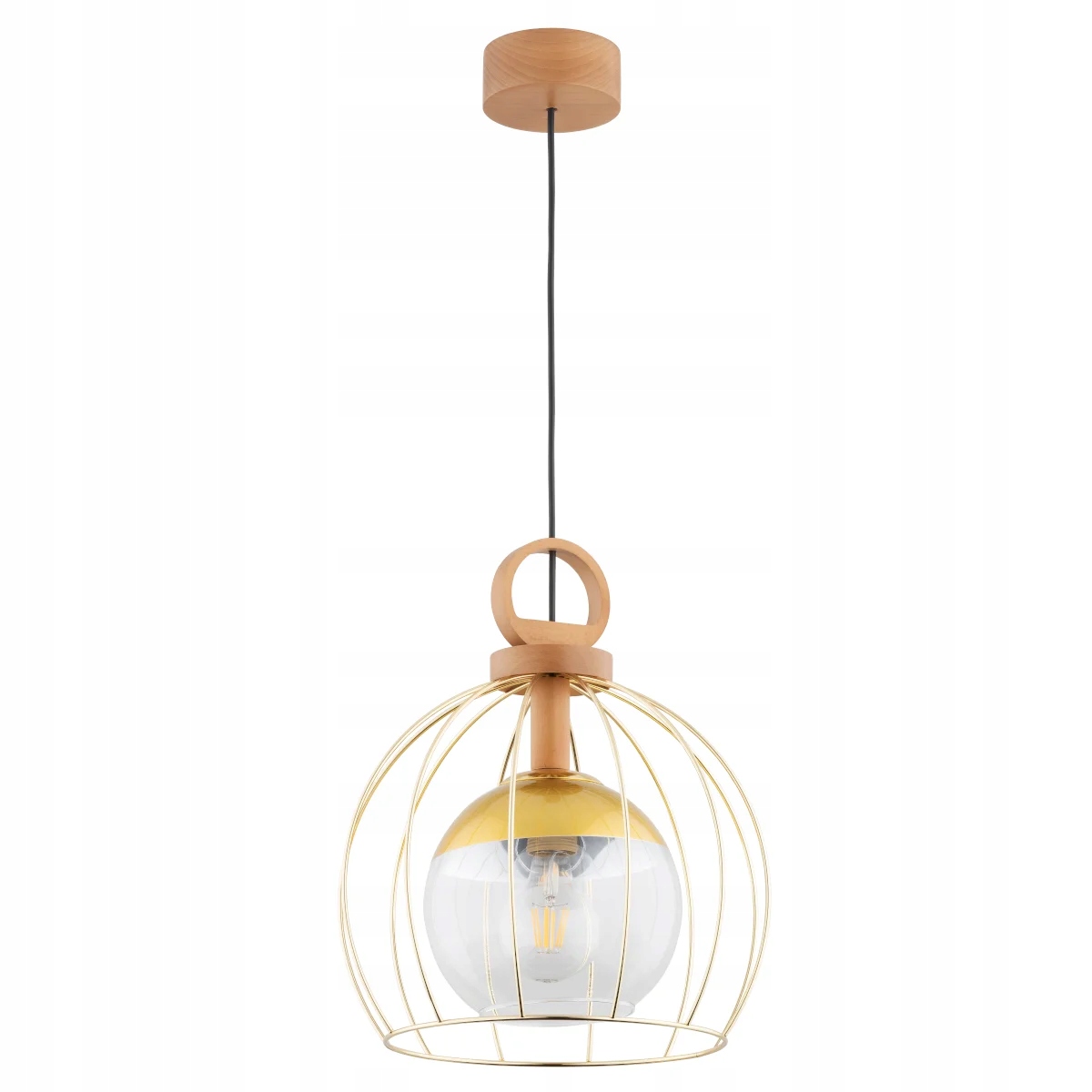 Sklenená závesná lampa zlatá drevená guľa 1xE27 Alfa Avatar